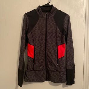 Workout bundle. Charcoal/red zip down sweater & gray leggings.